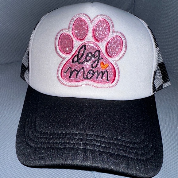 Accessories - Glitter Paw “Dog Mom” On THE CUTEST Checkered Black & White Trucker Hat